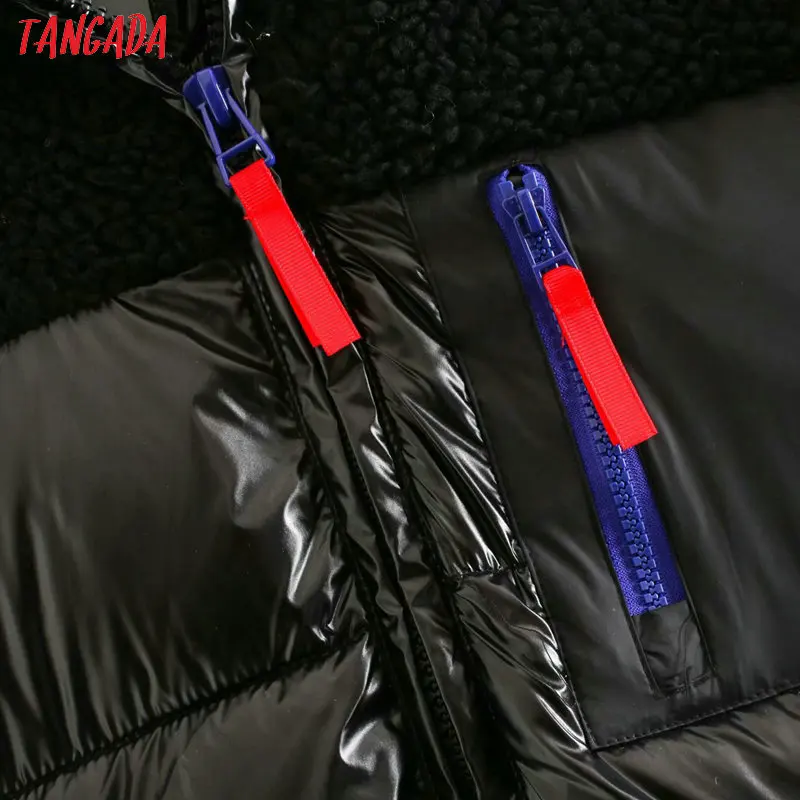 Tangada Женские флисовые Лоскутные Большие Длинные парки с капюшоном толстые карманы женские повседневные Черные зимние пальто 4M194