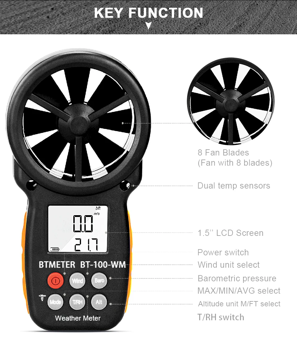 Medidor de umidade para aquário, anemômetro digital