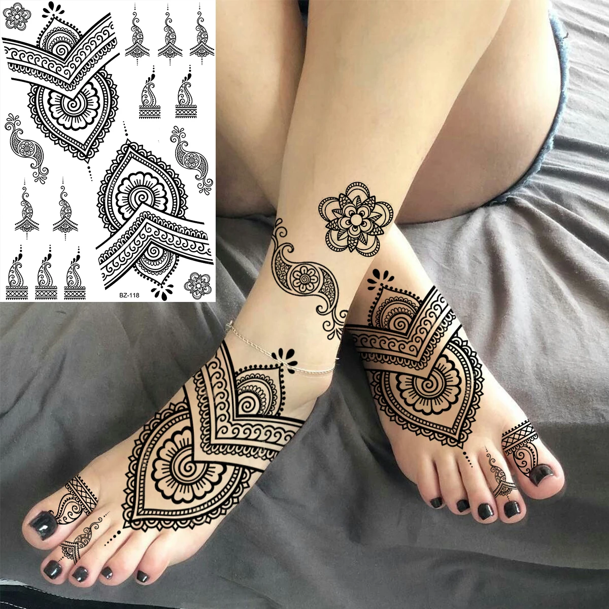 Tatouages temporaires en dentelle noire, Mandala henné pour femmes adultes,  plume de papillon, faux tatouage, pieds Sexy, Art corporel, autocollants  lavables - AliExpress, image size:1200x1200