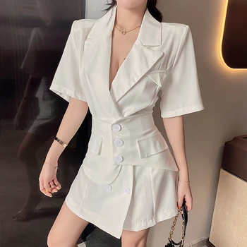 

LANMREM 2020 new spring and summer turn-down collar short sleeves single breasted high waist mini length suit dress 2A08001L
