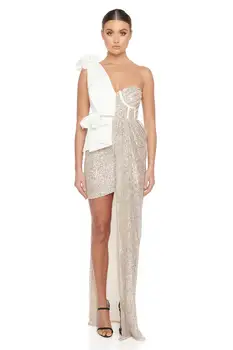 

2020 Fashion Hot sale One-Shoulder V-neck Backless Sequined Celebrity Sexy Women Body Con Evening Party Mini Dresses Wholesale