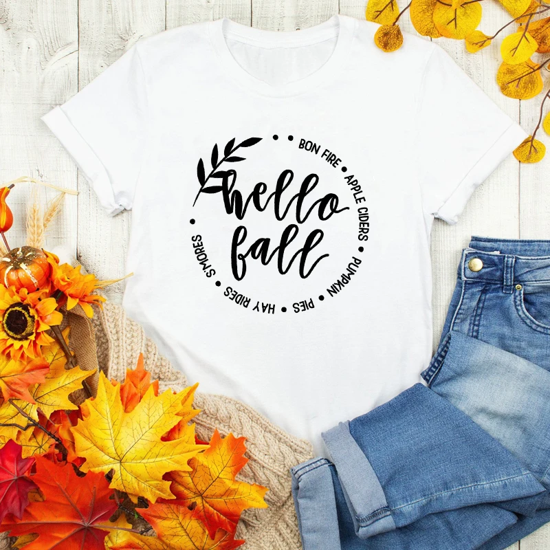 Hello Fall Bonfire футболка с яблоком забавная Осенняя Уличная Повседневная Женская на