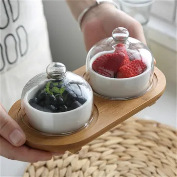 

Ceramic Cake Dessert Tray with Glass Cover Bamboo Trays Pudding Ice Cream Plate Set Tea Snack Dried Fruit Dishes Trinket Trays