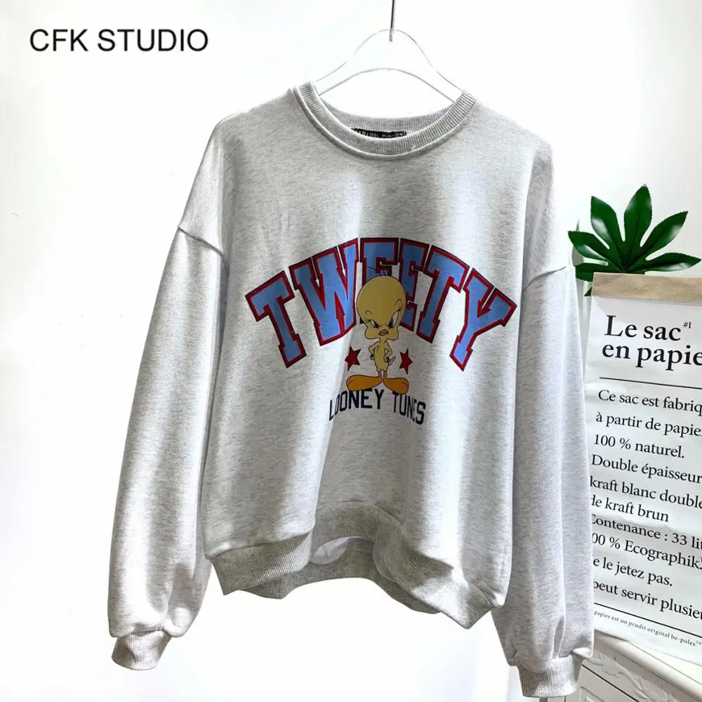 

Women hoodies autumn sweatershirt 2019 new fashion o-neck duck cartoon print grey pullover femme oversize casual Jumper Hoodies