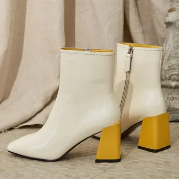 

MLJUESE 2020 women ankle boots soft cow leather zippers winter short plush mixed colors square toe high heels women boots