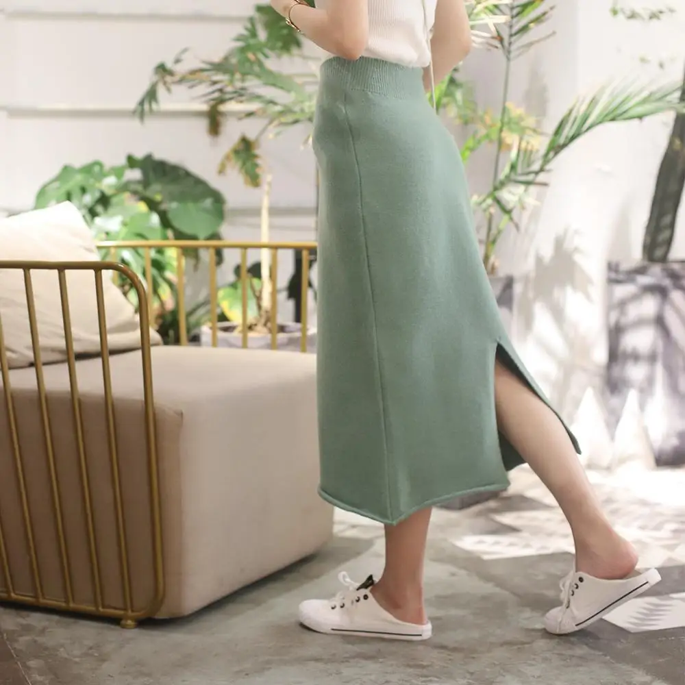 Черный, зеленый, желтый, бежевый гибкий эластичный высокой талией средней длины в форме зонтика вязаное, тёплое, зимнее платье для женщин с разрезом сзади юбки женские