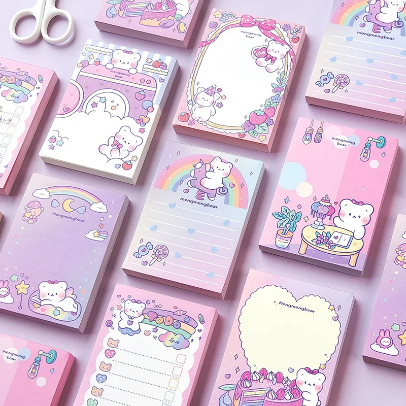 100 Sheets Cute Pink Bear Memo Pad Kawaii Sticky Notes Girl Diary DIY