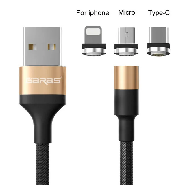 GARAS Magnetic USB Cable Adroid  Micro USB&Type C 3A Fast Charging Charger Data Cable QC3.0 Quick Charge Magnet Charger Cable gold cable 3in 1