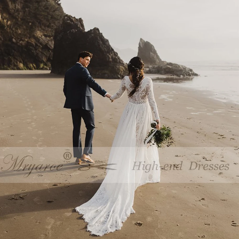 Mryarce Boho Chic Long Sleeve Modest Wedding Dress Lace Chiffon Unique Bridal Gowns Winter Wedding  (3)