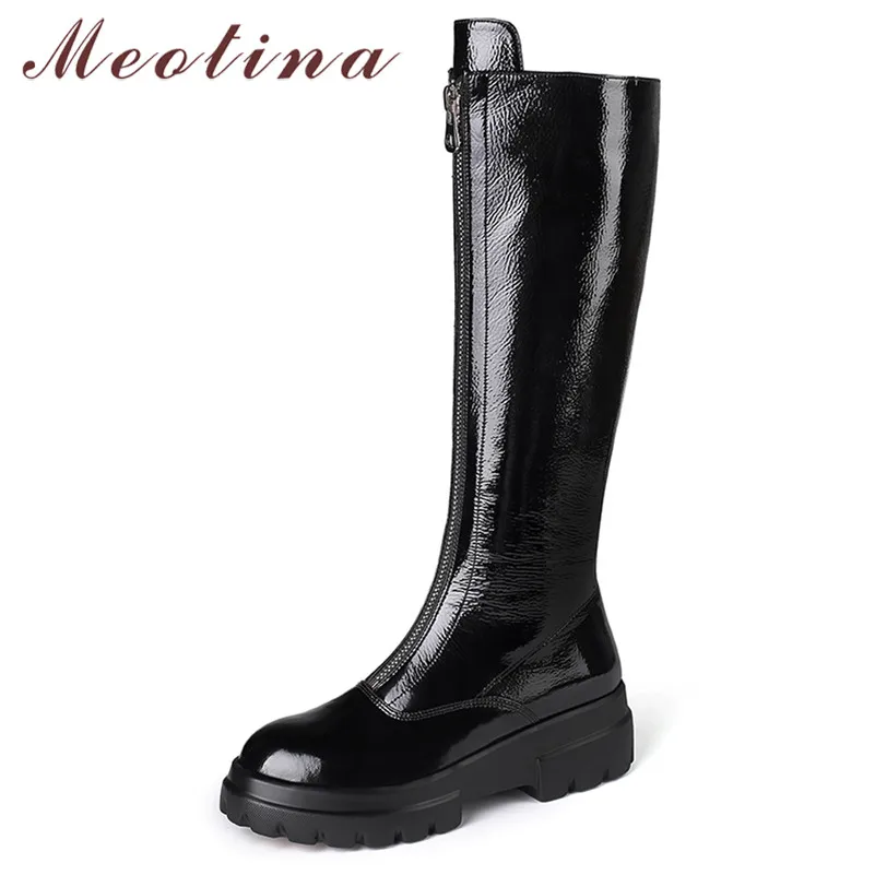 

Meotina Winter Knee High Boots Women Natural Genuine Leather Chunky Heel Long Boots Zipper Round Toe Shoes Lady Autumn Size 4-10