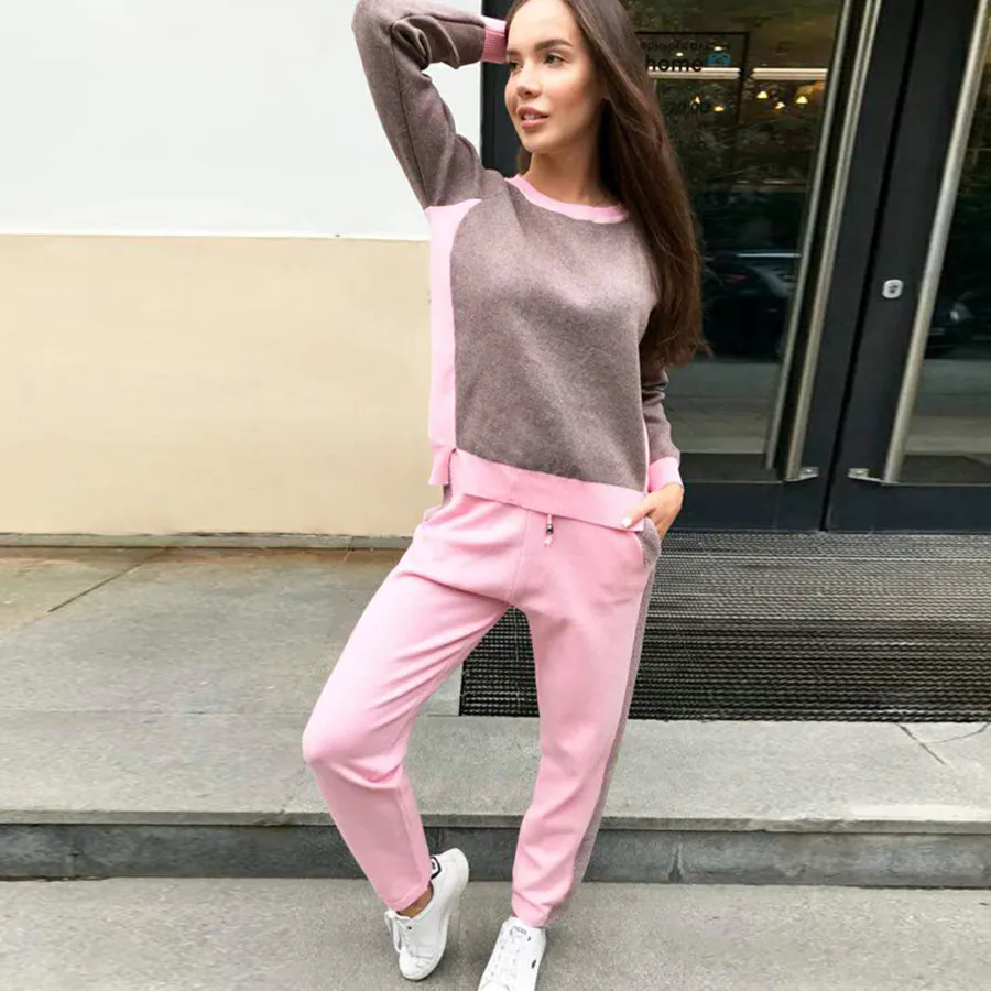 

Knitted Splice Pullover Sweatshirt Two Piece Sets Pants Suits 2019 New Women Tracksuit Casual Plus Size 2 Piece Matching sets