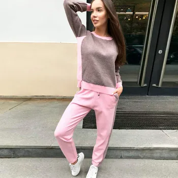 

Knitted Splice Pullover Sweatshirt Two Piece Sets Pants Suits 2019 New Women Tracksuit Casual Plus Size 2 Piece Matching sets