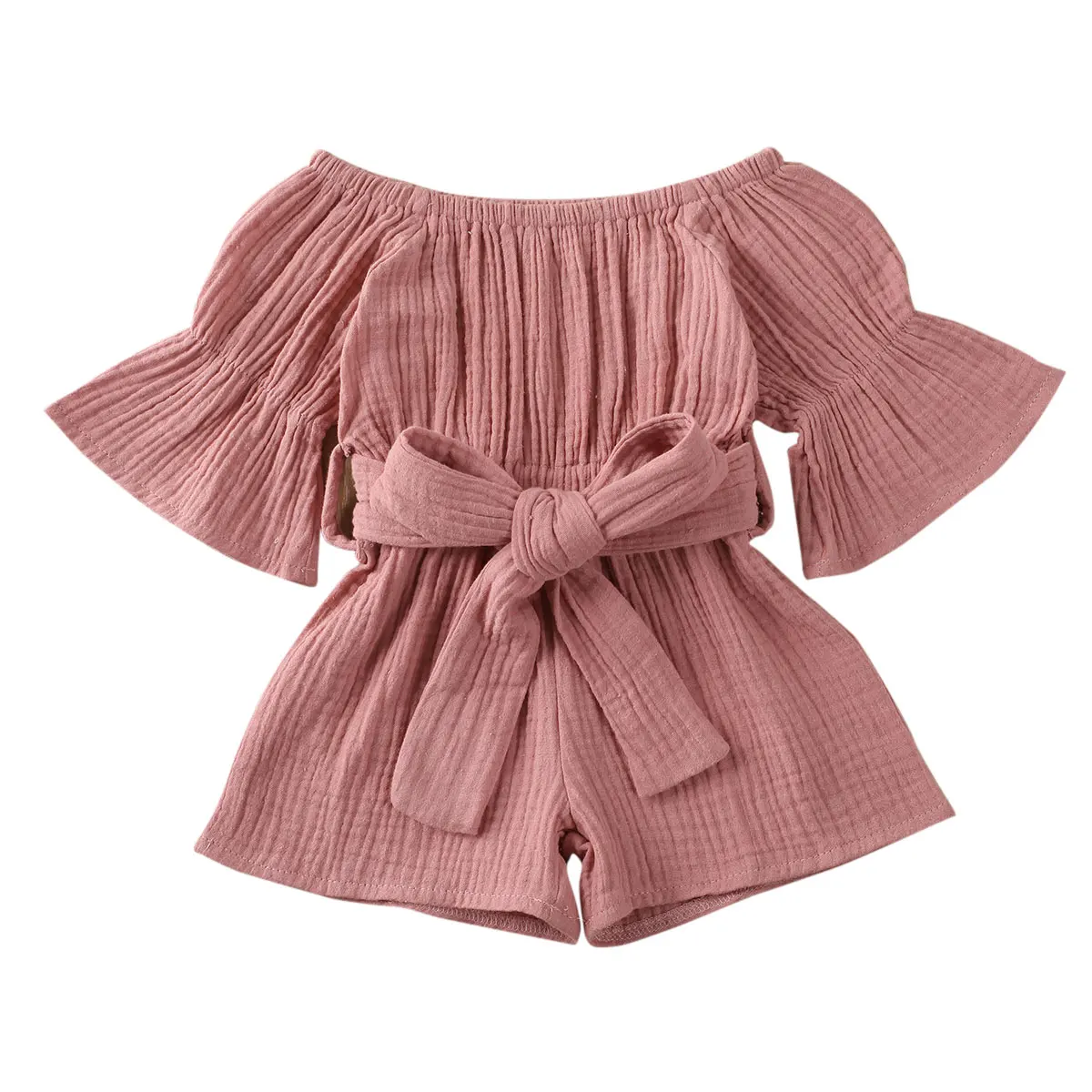 Kid Baby Girls Short Sleeve Off Shoulder Romper Jumpsuit Solid Bow Playsuit Clothing