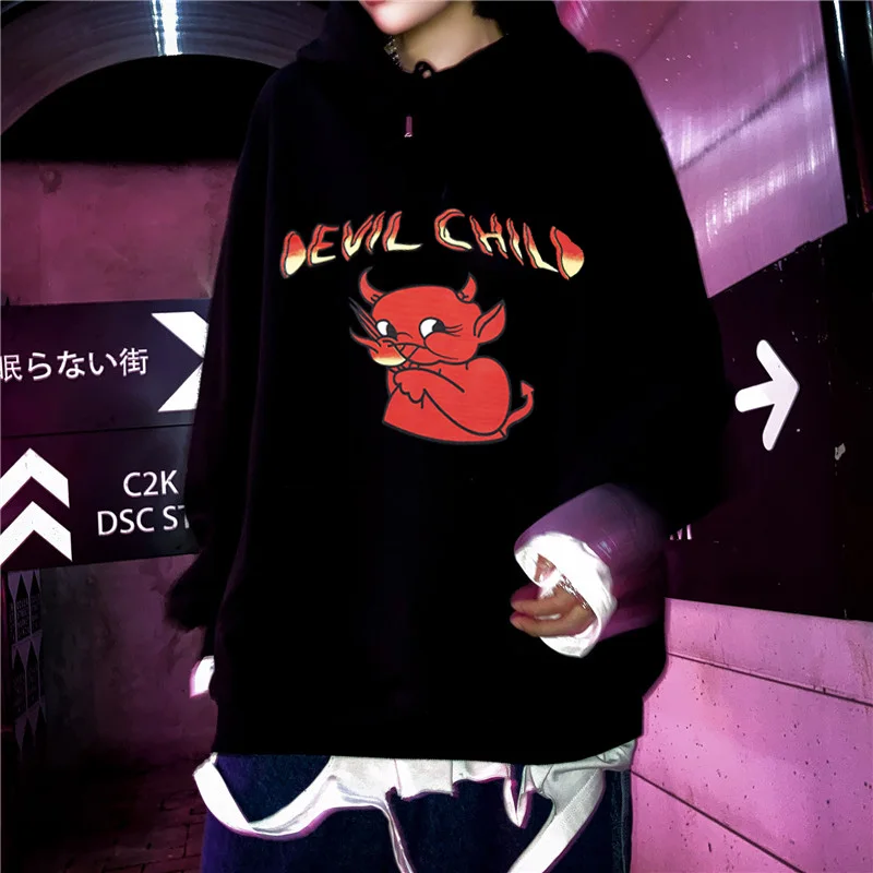 Gothic Devil Fire Flame Letter Print Hoodie 2020 Hip Hop Streetwear Harajuku Hoodie Kawaii Sweatshirt Pullover Woman Winter Top