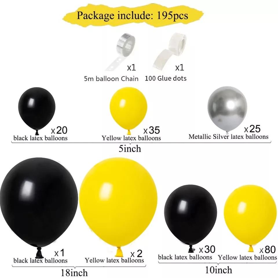 195 pçs amarelo preto balão guirlanda arco