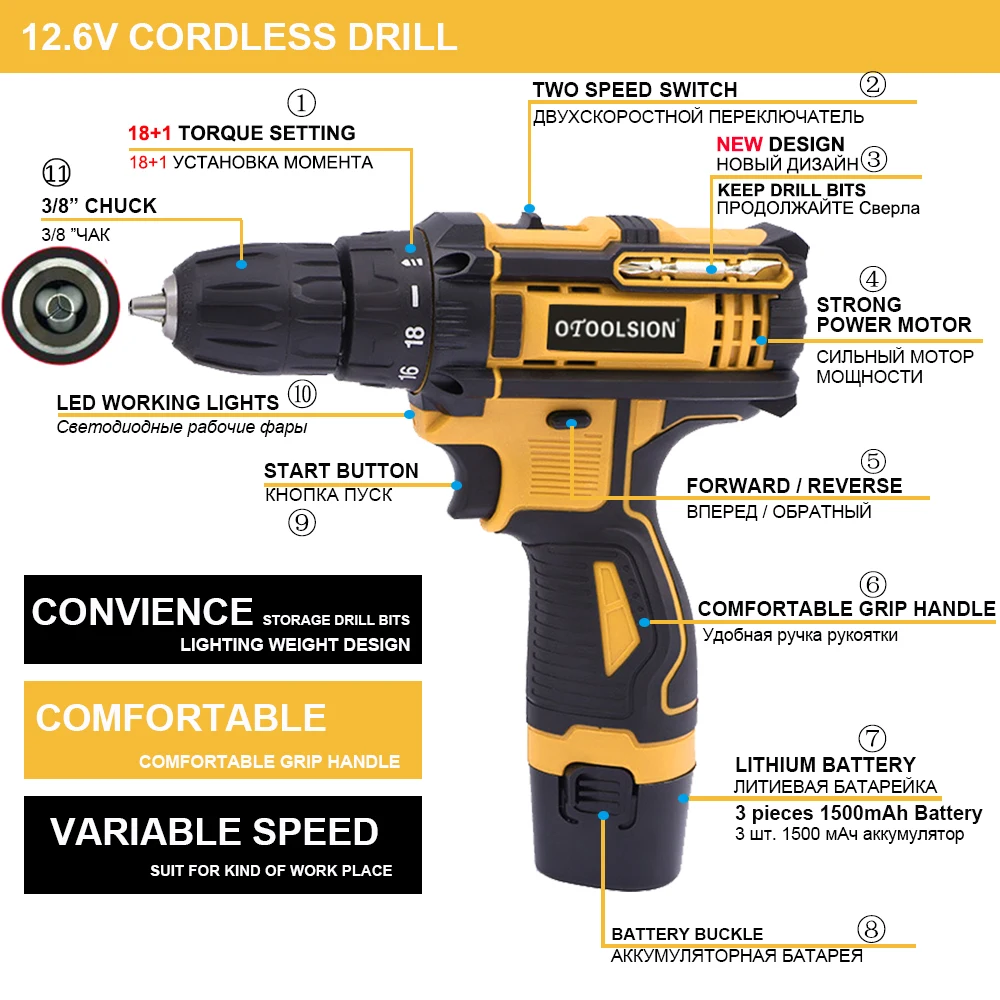 1500mAh Wireless Drill 12.6V Hand Drill Power Tools Electric Screwdriver Cordless Rechargeable Drill Driver With Free Drill Bits (2)