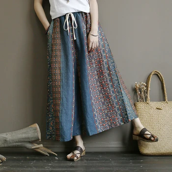 

Original Boho Retro lazy wind oversized Joker Elastic Waist Wide Leg Pants Linen Printed Autumn and Spring Skirt
