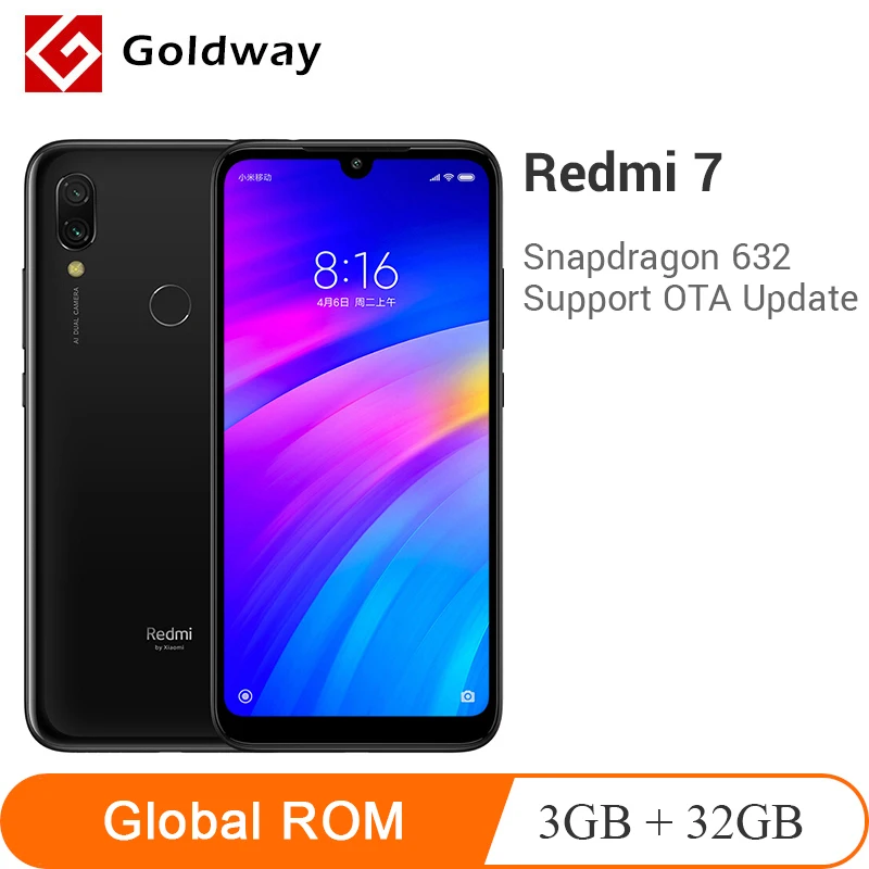 Глобальный Встроенная память Xiaomi Redmi 7, 3 Гб оперативной памяти, 32 Гб встроенной памяти, Смартфон Snapdragon 632 Octa Core 6,26 дюйма, разрешение Full Экран 12MP 4000 мА/ч, Батарея мульти-Язык