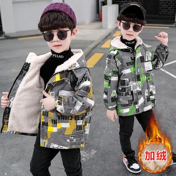 

Baby Boys winter coat padded cotton parka 2-9 years old Plush camouflage letters Hooded fur collar warm kids winter jacket