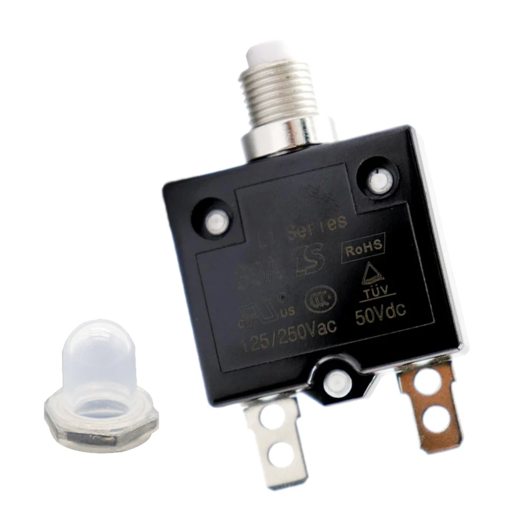 30 Amp Push Button Circuit Breakers with Waterproof Button Transparent Cover, DC 50V AC 125-250V