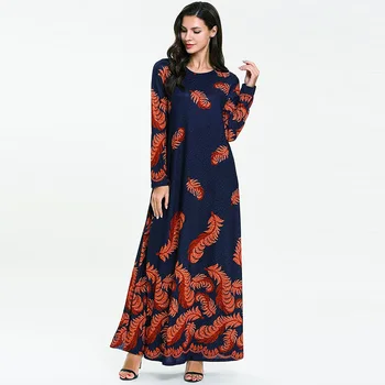 

Middle Eastern fashion long sleeve stitching blue feather print Muslim conservative dress Arab Dubai travel dress