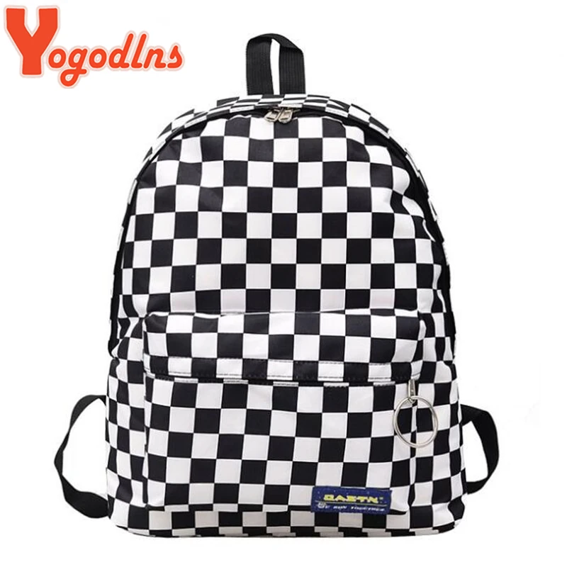 

Yogodlns Black White Lattice Backpack Nylon Daypack for Women High Quality Girl Plaid Bagpack Big Capacity Waterproof Knapsack