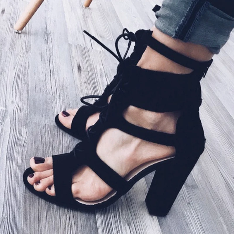 

Bandage Cross Women Suede Heels Women High Heels Sandals Solid 10.5 CM Femme Fashion Gladiator Pumps Ankle Summer Shoes Black
