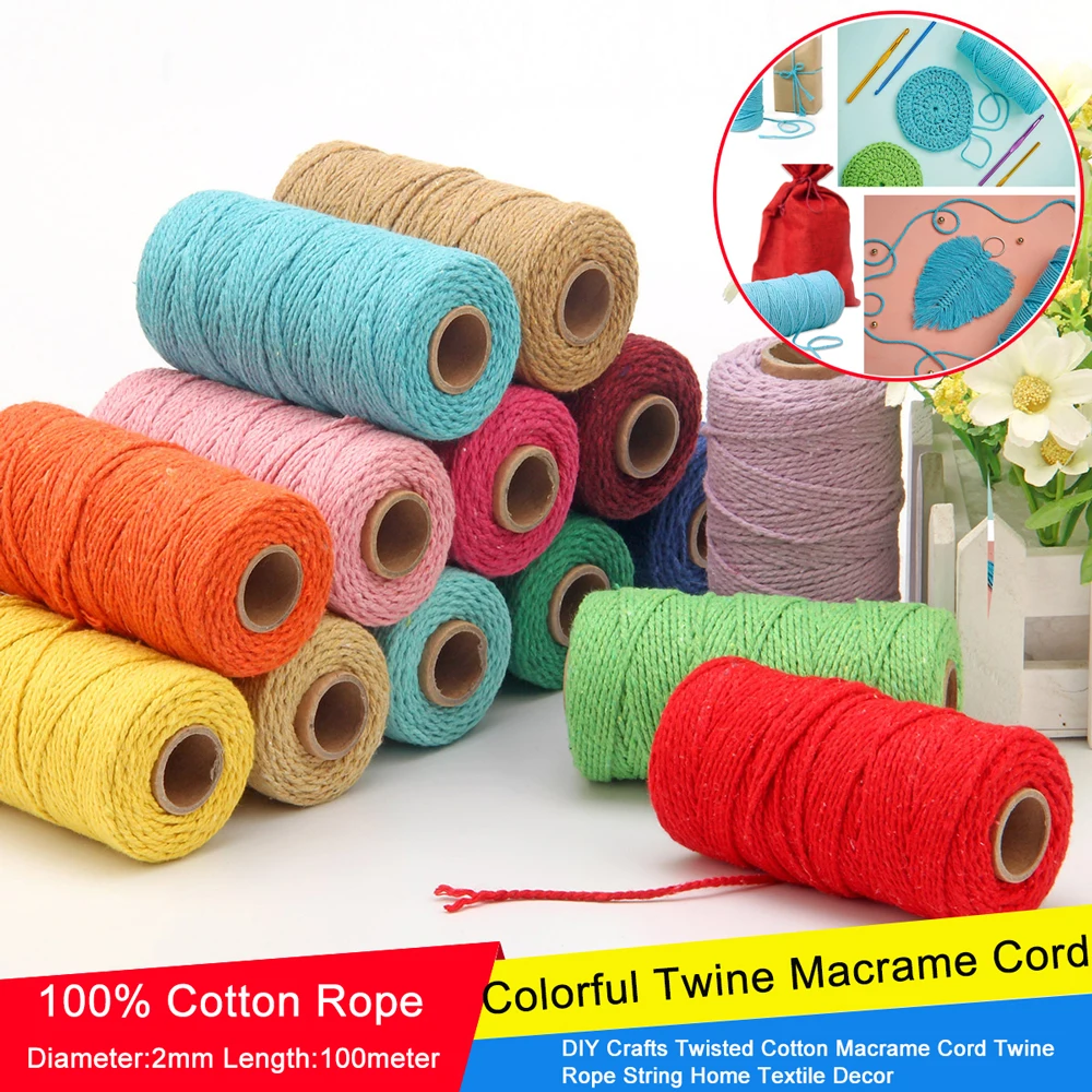 100M/Roll 2mm Cotton Rope Colorful Twine Macrame Cord Rope String Thread DIY Crafts Braided Twisted Cotton Home Textile Decor