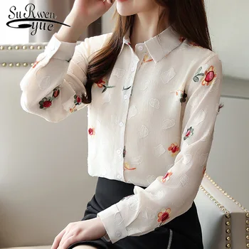 

Fashion Spring Embroidery Print Long Sleeve Office Lady Tops Blusas Mujer De Moda 2020 New Arrival Shirt Women Tops 7128 50