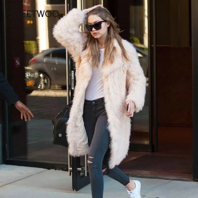Long Pink Furry Faux Fur Coat Women White Thick Warm Coat Outerwear Autumn Winter Fluffy Shaggy Coat Jacket Overcoat