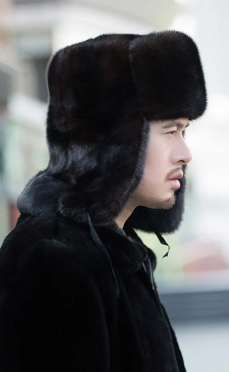 Зимние теплые наушники, замша, мех норки, шапка Lei Feng, Мужская норка среднего возраста