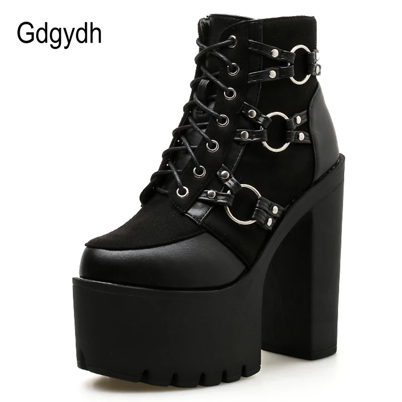 Women High Heeled Boots Platform Boots Spring Autumn Motorcycle Boots Women Platform Heels Casual Shoes Lacing Round Toe Shoes