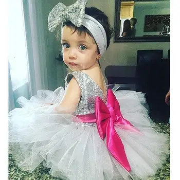 

Cute Silver Sequins Top Baby Girls Birthday Dresses with Big Bow Knee Length Infant Tutu Kids Clothes