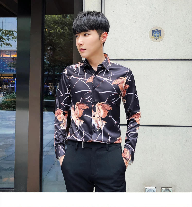 2019 с цветочным принтом рубашка Для мужчин Slim Fit повседневные рубашки с длинными рукавами Для мужчин s, для ночного клуба, уличная мода