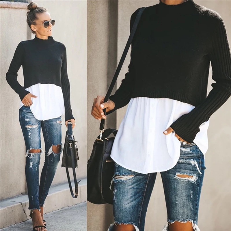 Suéter de punto negro de otoño e invierno para mujer, jersey de manga larga de retales con botones, jersey para mujer 2021