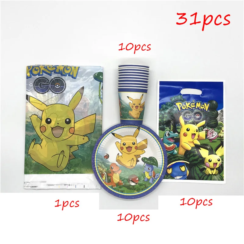 BeiPanLiZhuo-31pcs Pokemon Go вечерние поставки 51 шт./лот день рожденья для мальчиков чашка для украшения, китацский, подарочный пакет Праздничная скатерть для будущей мамы посуда - Цвет: BeiPanLiZhuo-31pcs