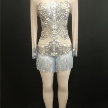 Блестящие кристаллы сетки перспектива Вечеринка Стразы платья комбинезон стрейч День Рождения Праздновать костюм платье с бахромой