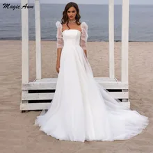 Magic Awn Simple 2022 Beach Wedding Dresses Puffy Sleeve Illusion A-Line Boho Bridal Gowns Lace-Up Back For Bride Abito Da Sposa
