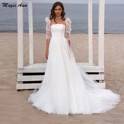 Magic Awn Simple 2022 Beach Wedding Dresses Puffy Sleeve Illusion A-Line Boho Bridal Gowns Lace-Up Back For Bride Abito Da Sposa