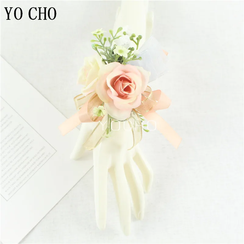 

European Rose Wrist Corsage Bracelet Bridesmaid Silk Ribbon Ceremony Flower Boutonniere Pins Groom Groomsmen Brooch Champagne