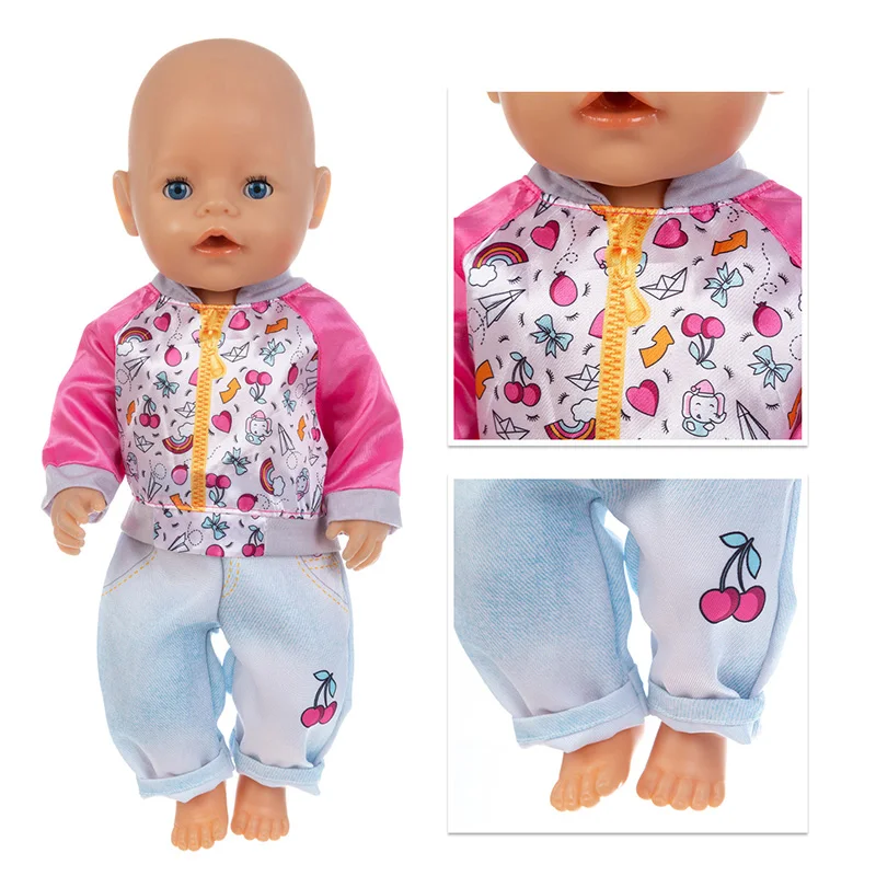 

2020 New Baby New Born Fit 18 inch Doll Clothes Accessories Cherry Jacket Clothes Pants Suit For Baby Birthday Festival Gift