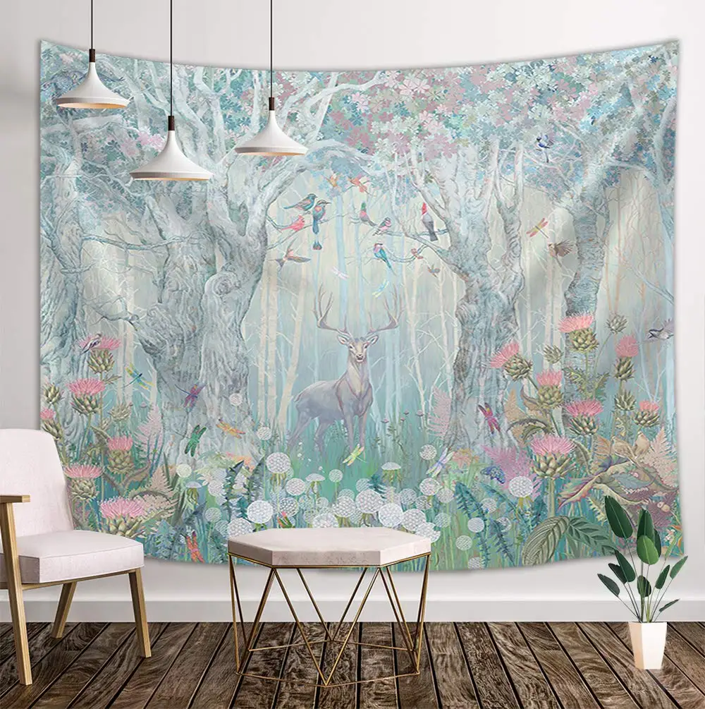 

Deer Tapestry Wall Hanging Safari Decor Elk in Fanstry Forest with Flowers Birds Dragonflies