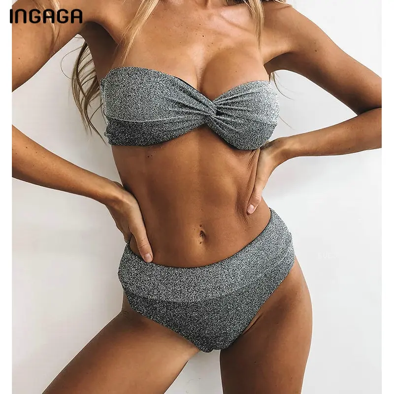 

INGAGA Bandeau Bikinis 2019 Solid Swimwear Women Shiny Swimsuit High Waist Biquini Sexy Bow Bathing Suit 2019 Purl Bathers
