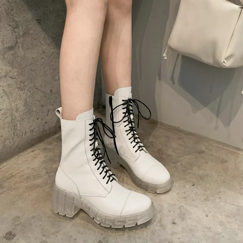 ZawsThia, cuero genuino blanco negro grueso, zapatos de tacón claros  transparentes, botas para mujer, botines martin de mujer atados a Cruz,  talla grande 43|Botas hasta el tobillo| - AliExpress