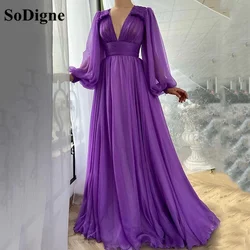 SoDigne Purple A Line Women Long Prom Dress A Line Long Sleeve Modern Formal Dress V Neck Elegant Evening Gowns 2021