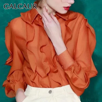 

GALCAUR Patchwork Ruffles Blouses Female Lapel Collar Lantern Long Sleeve Large Size Irregular Shirts Women 2020 Clothes Tide