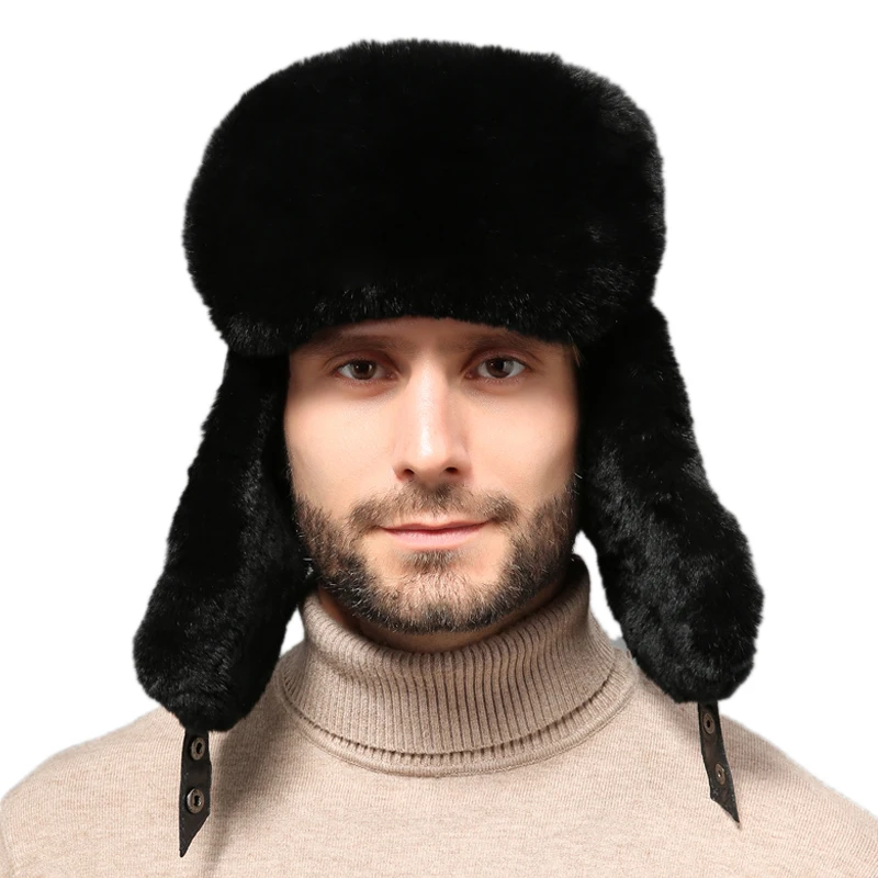 

Real Rex Rabbit Fur Bomber Hats Real Sheepskin Earmuffs Cap Men Winter Warm Trapper Russian Trooper Snow Caps EAR FLAPS