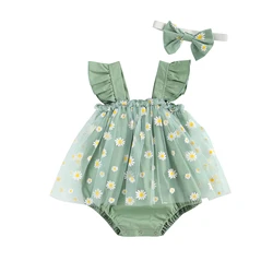 Cute Toddler Baby Girl Floral Romper Dress Ruffles Sleeveless Tulle Tutu Jumpsuit Bow Headband Summer Baby Girl Set 0-18Months