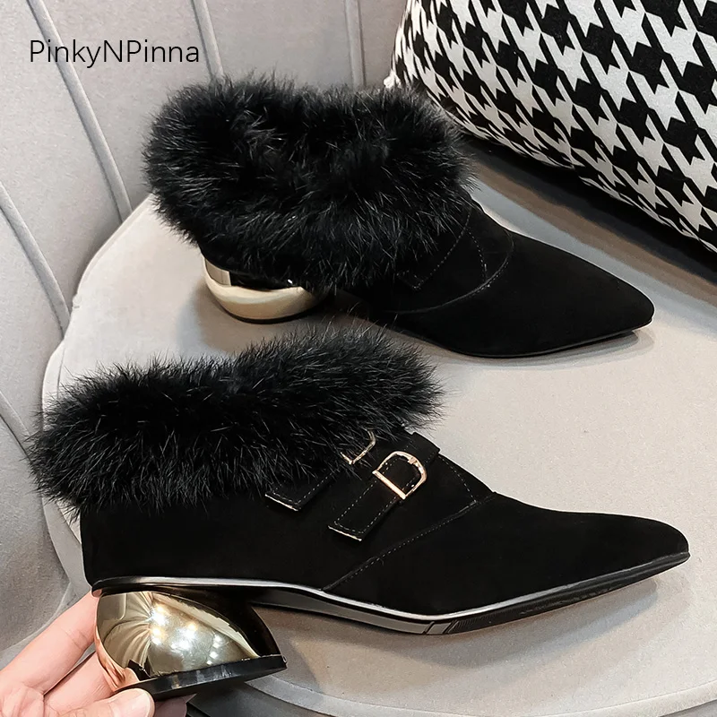 Женские Роскошные зимние туфли-лодочки из мягкой овечьей кожи, замши, плюша, меха, с пряжкой, с металлическим подкладом, с круглым каблуком, офисные, вечерние, дизайнерские, модные туфли без задника