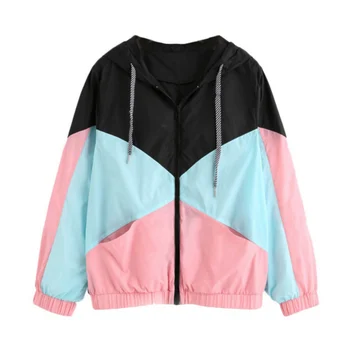 

New College Wind Loose Sports Casual Hooded Color Matching Sunscreen Coat Women